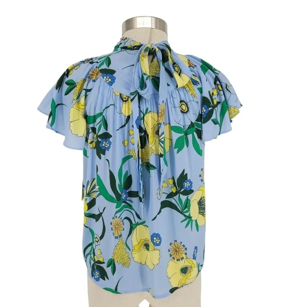 INC Shirt Blue Mabel Bouquet Floral Flutter Short Sleeve Tie Top Petite - Picture 5 of 9